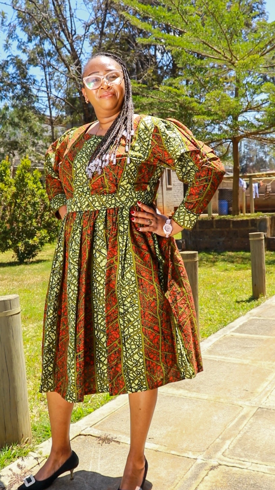 A-Line - brown, jungle green, light green line and stripes motif