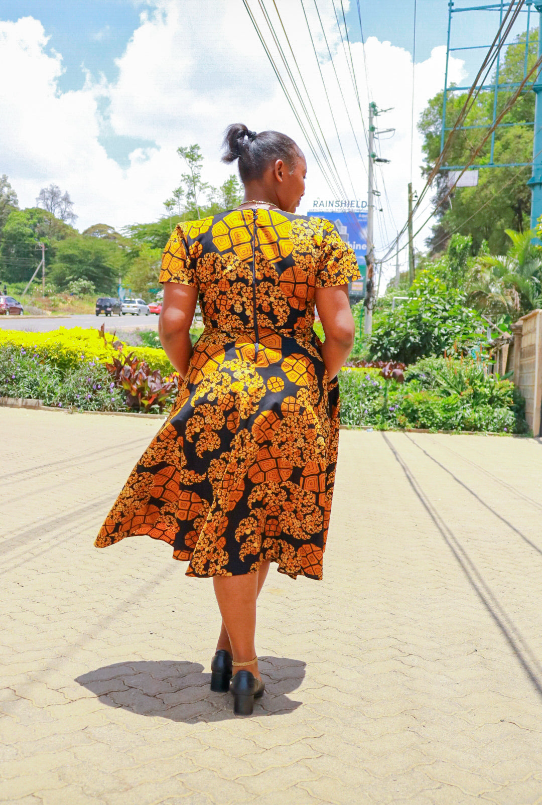 A-line dress, Orange,cream,black and black floral motif