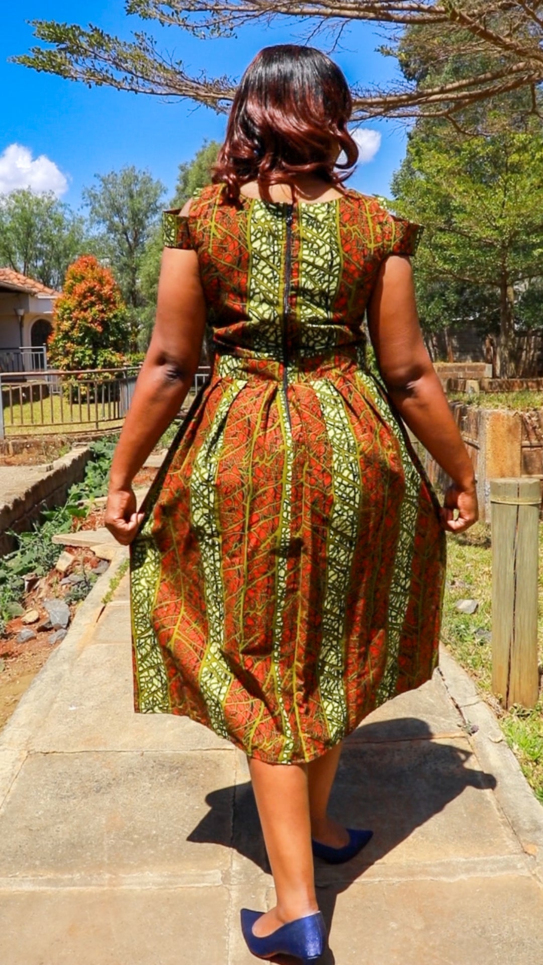 A-Line -Brown, jungle green, light green Line and stripes motif.
