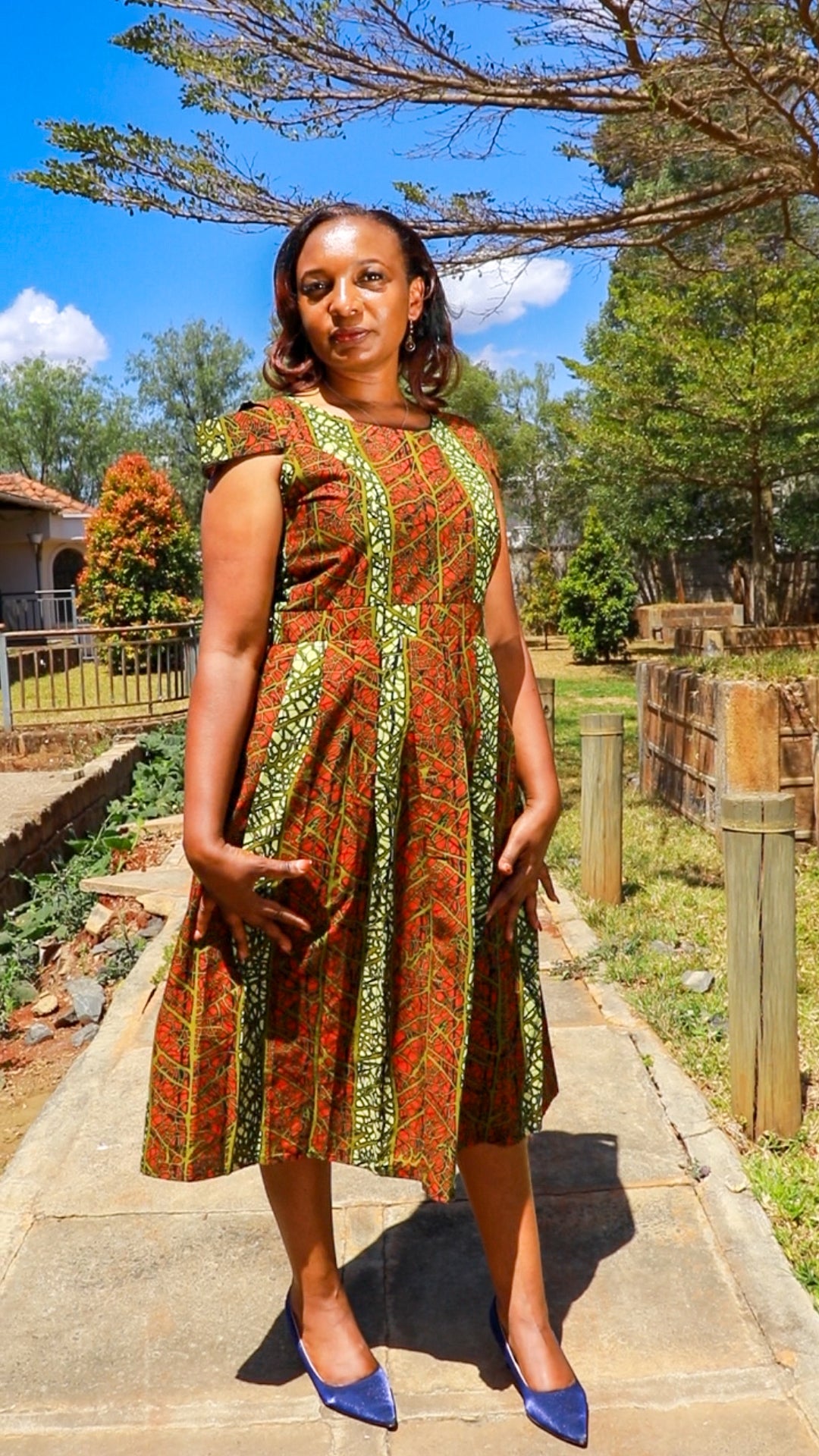 A-Line -Brown, jungle green, light green Line and stripes motif.