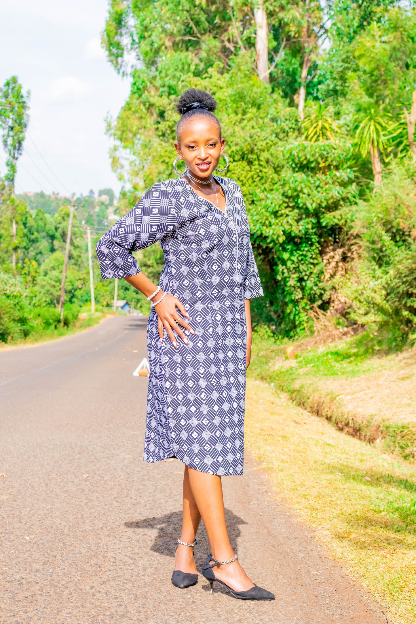 Shirt dress - Black and white squares, lines and circles motif