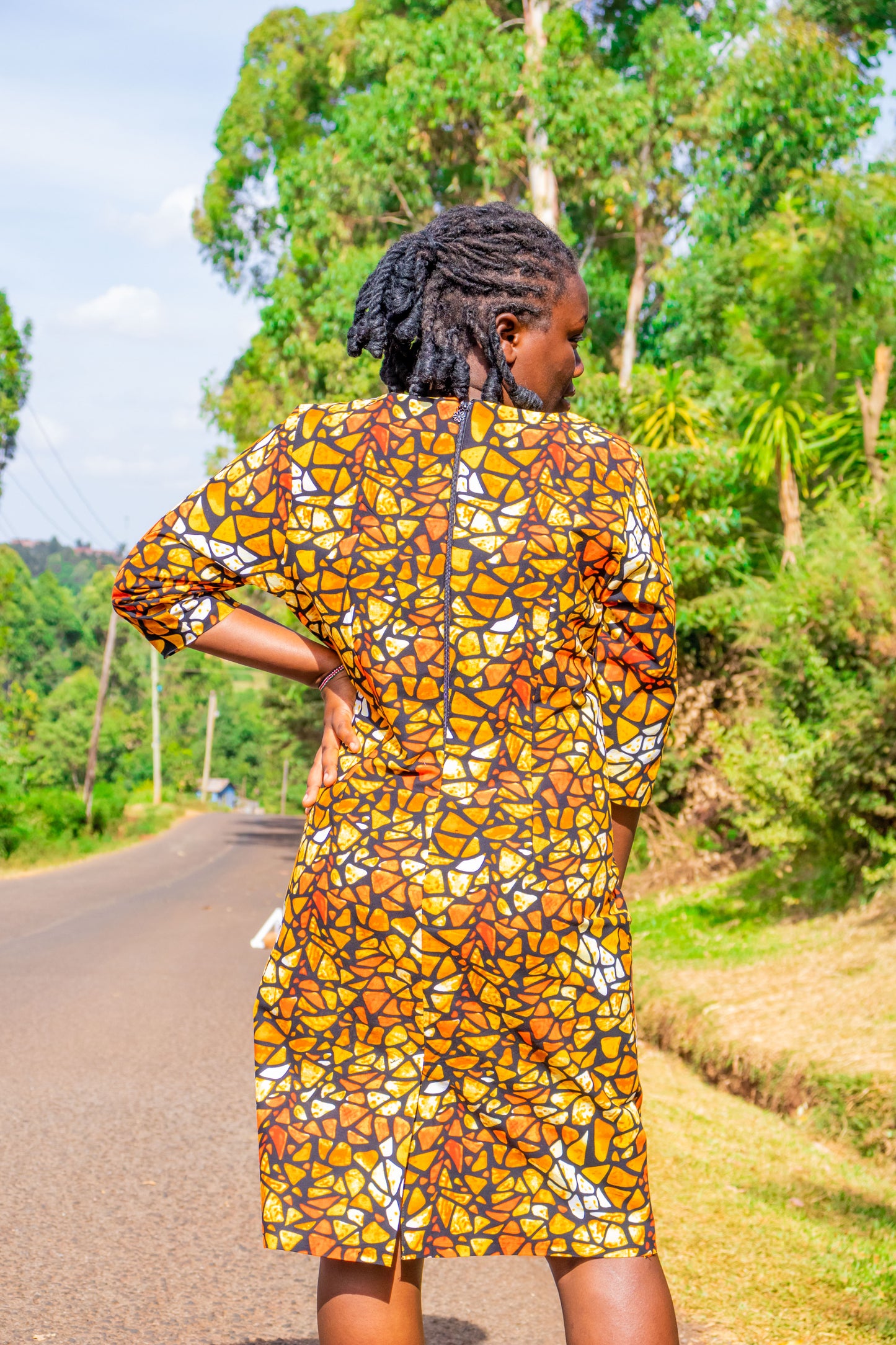 Sheath dress - Brown, orange, gold, bronze and white prints motif