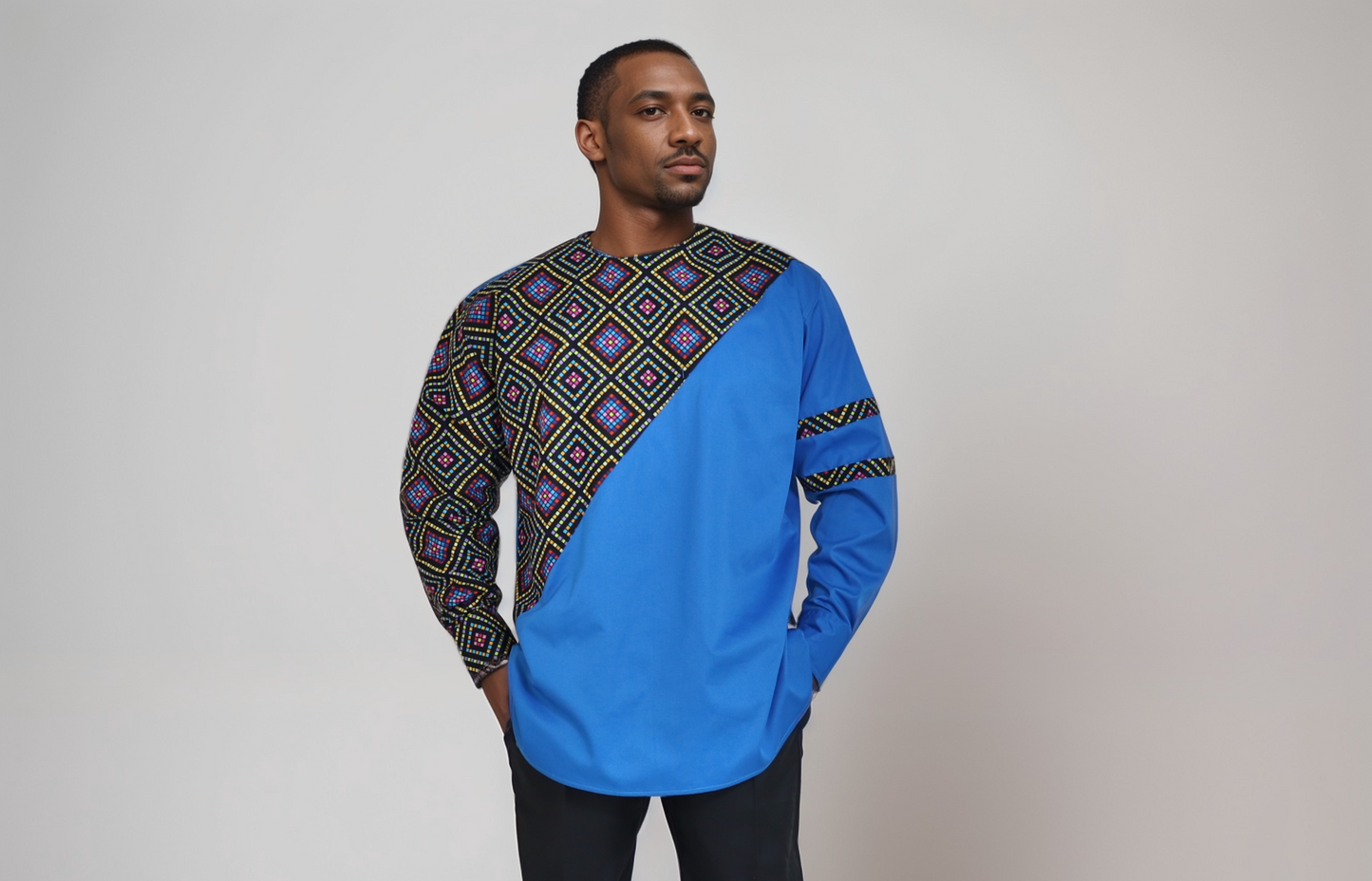 Long sleeve shirt - Turquoise blue mix match with African print of black , orange red, pink, and yellow square prints