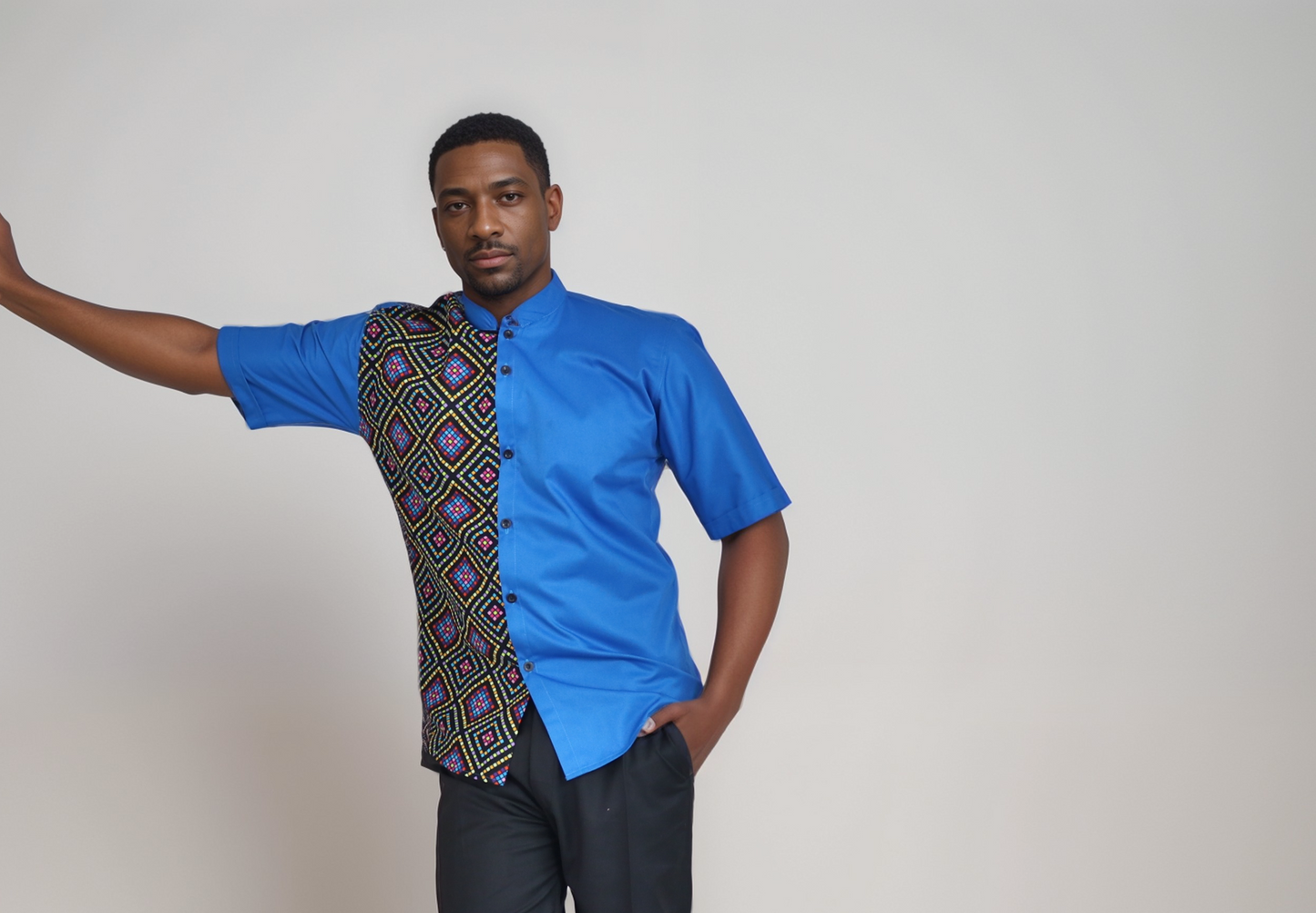 Short sleeve shirt - Turquoise blue mix match with African print of black , orange red, pink, and yellow square prints