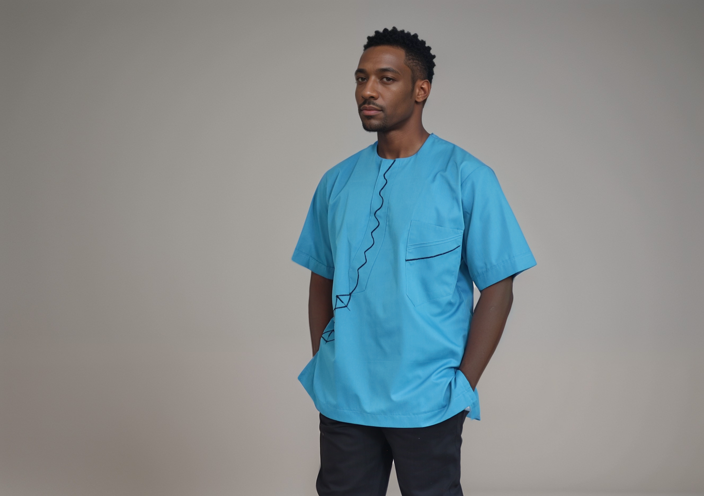 Short sleeve shirt - Turquoise green Cotton/rayon. Embroidery on pocket and yoke.