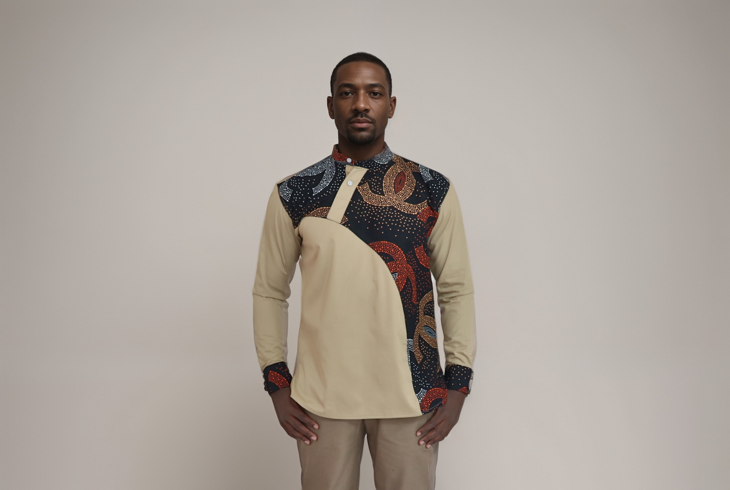 Long sleeve shirt - Ivory cream ctton/polyester shirt mix match with African print of black cream and orange red print on Plaket, mandarin collar and sleeve cuffs