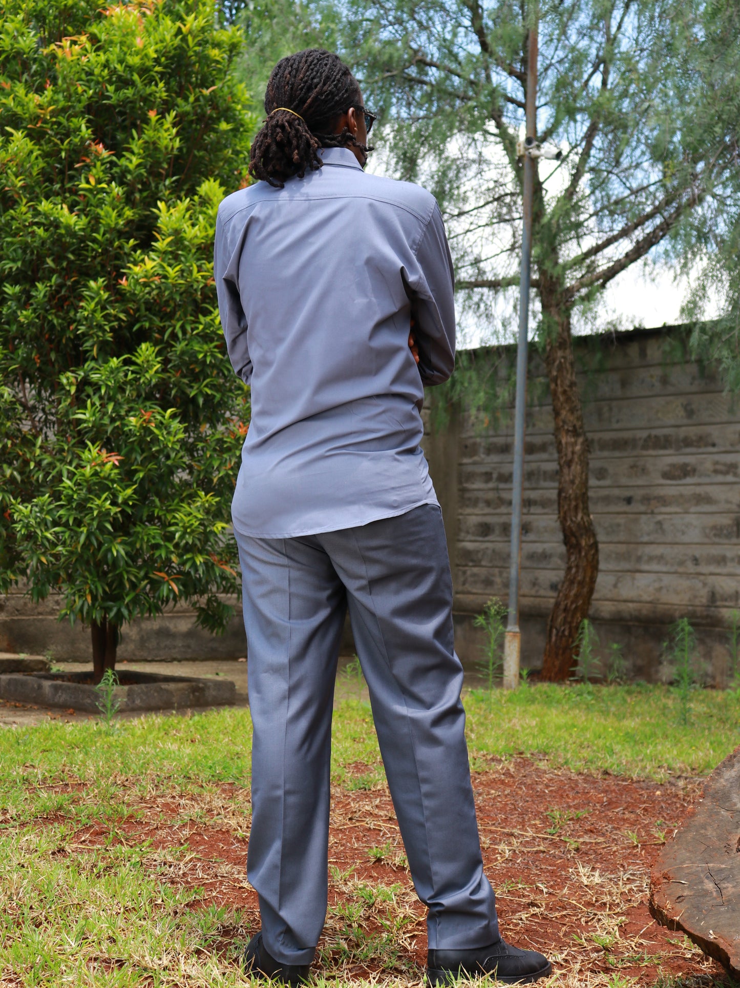 Casual Smart 2 Piece - Grey with African prints contrast on thre left side of shirt