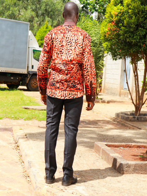 Casual Smart 2 Piece. Red, Black, Beige colours motif. Brown contrast.