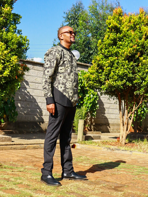 Casual Smart 2 Piece - Black and cream floral motif. Black contrast.