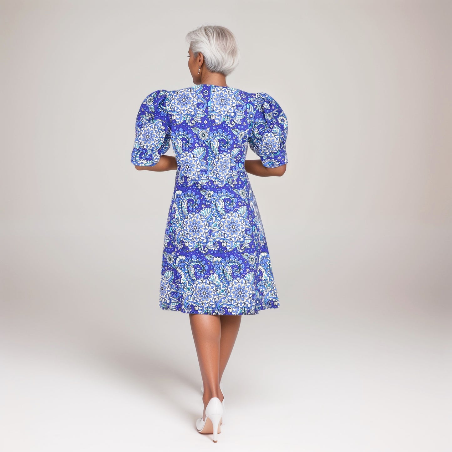 A-line-Royal blue blue and white flowers