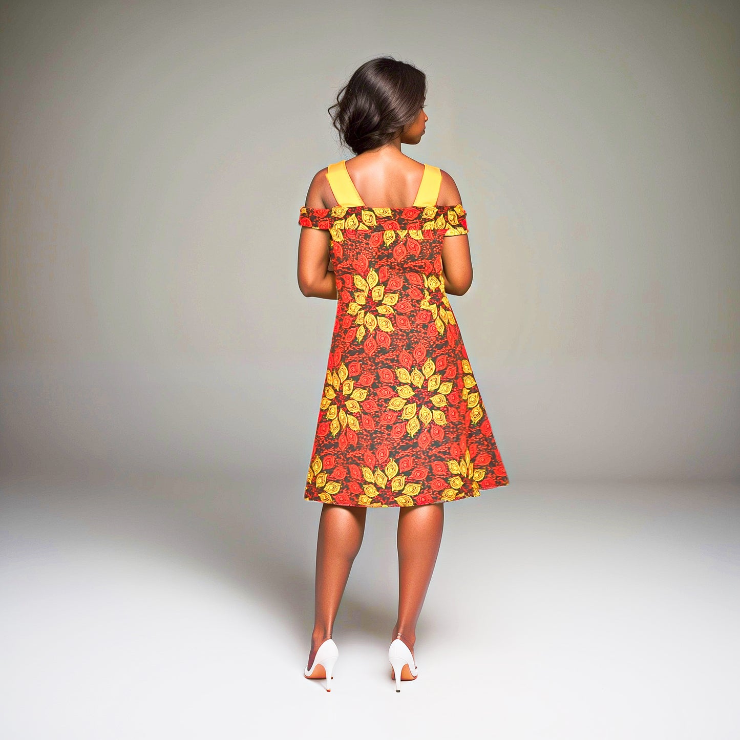 Apron-Black, yellow, green and red flower motif