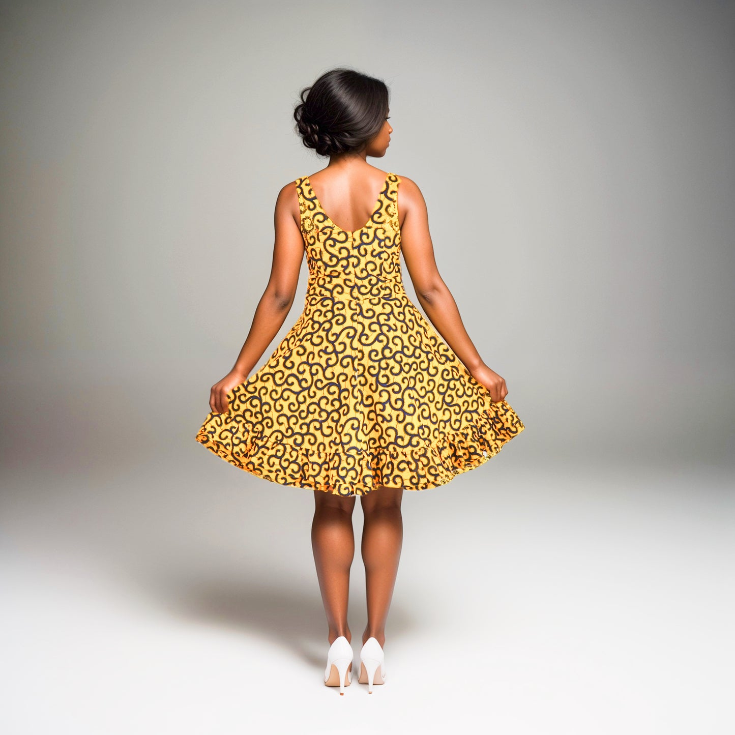 Apron-Black, navy blue, yellow and white flowers motif