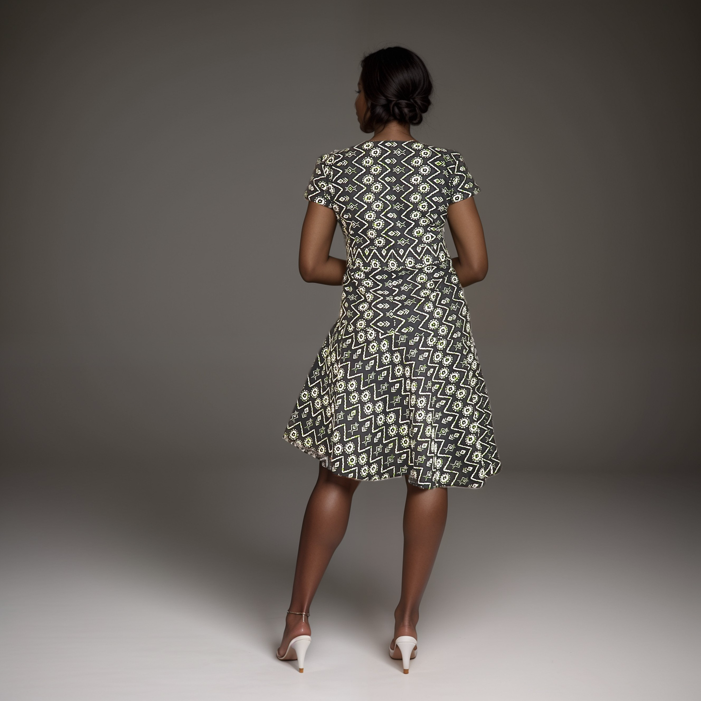 Asymmetrical-Black green white dots and white flowers motif