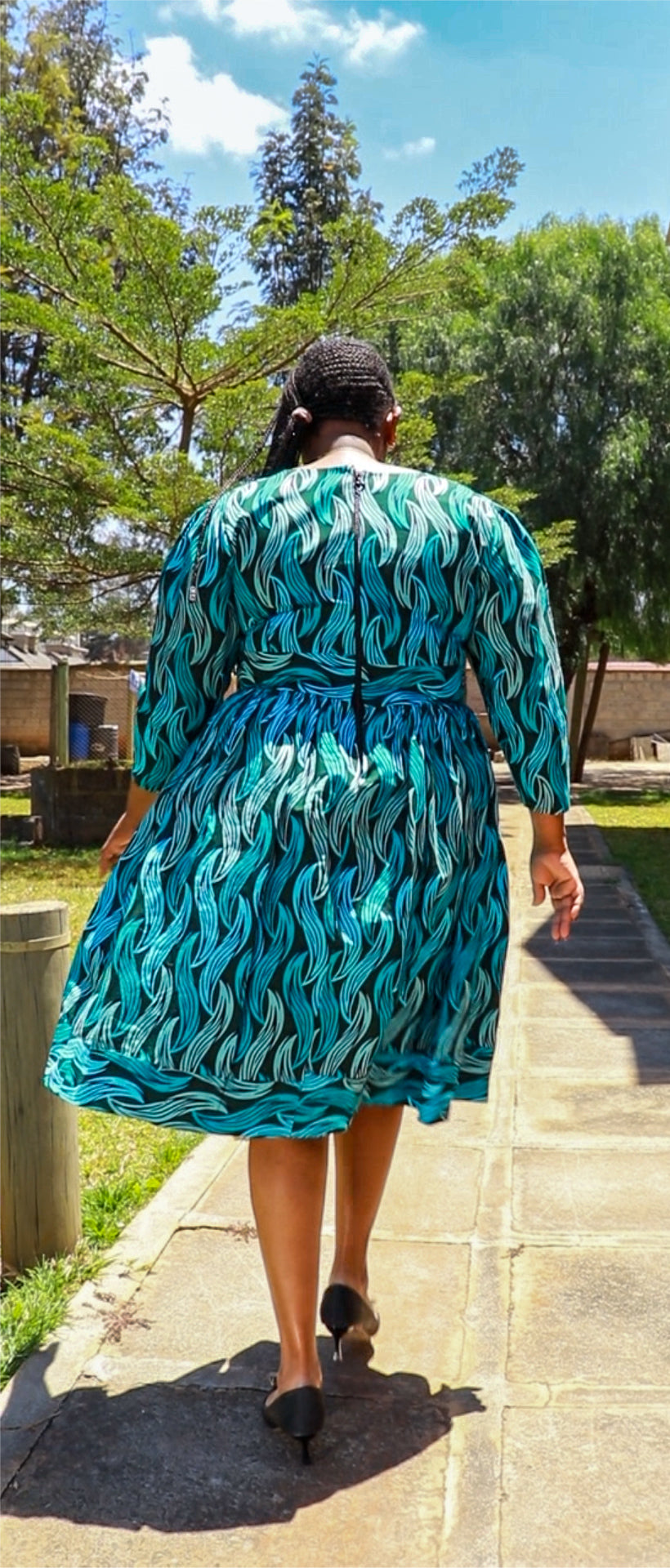 A-Line - turqouise  blue, light blue and dark green leafy motif