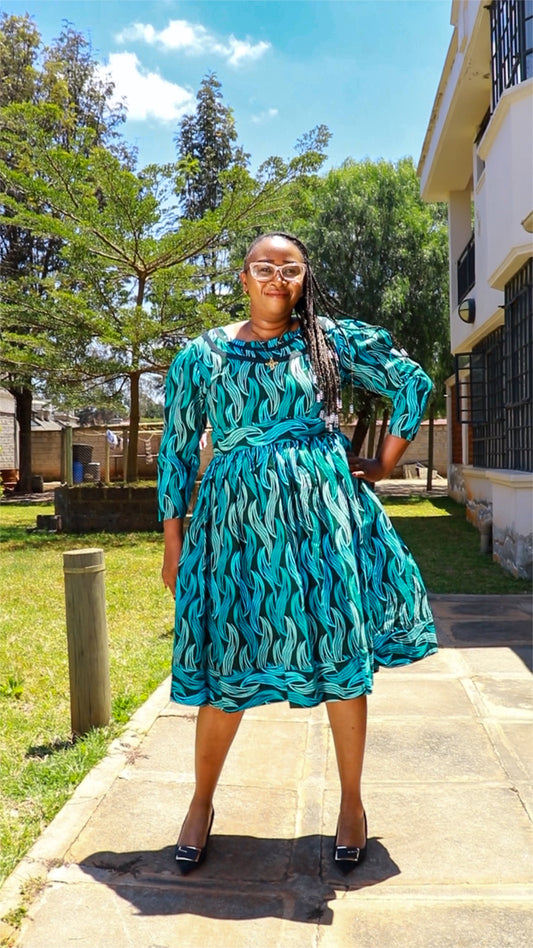 A-Line - turqouise  blue, light blue and dark green leafy motif