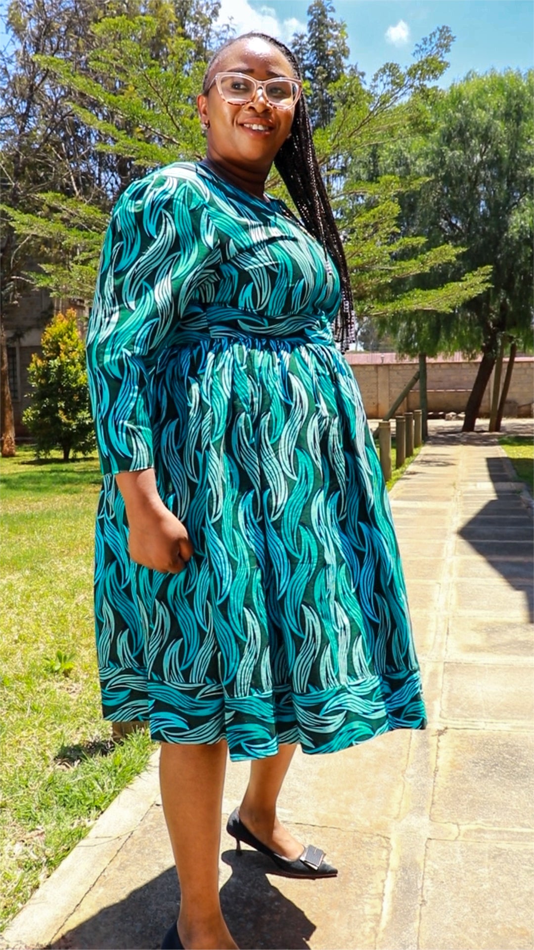 A-Line - turqouise  blue, light blue and dark green leafy motif