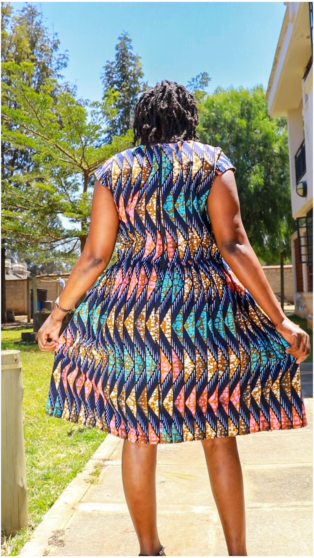 A- Line  Navy blue, pink, brown, white ,Zig zag and diamond  motif