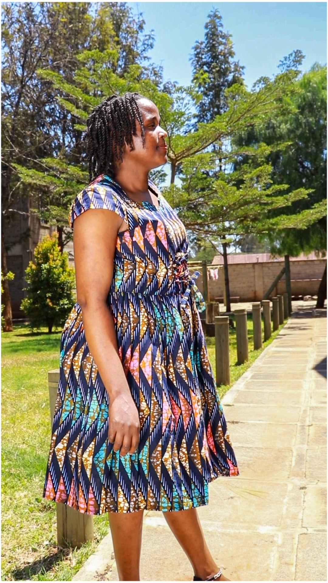 A- Line  Navy blue, pink, brown, white ,Zig zag and diamond  motif