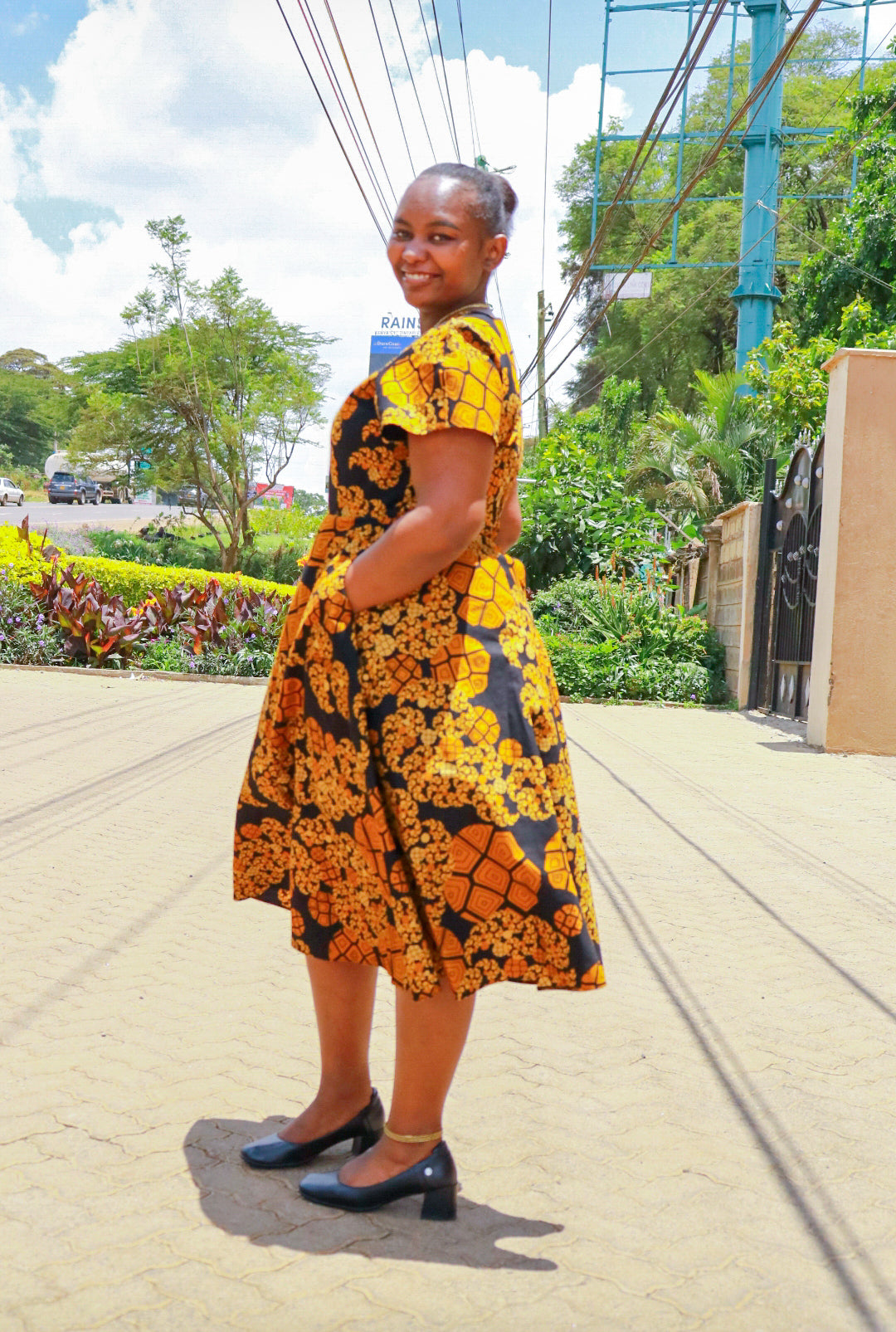 A-line dress, Orange,cream,black and black floral motif