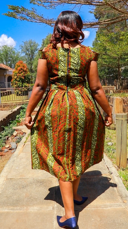 A-Line -Brown, jungle green, light green Line and stripes motif.