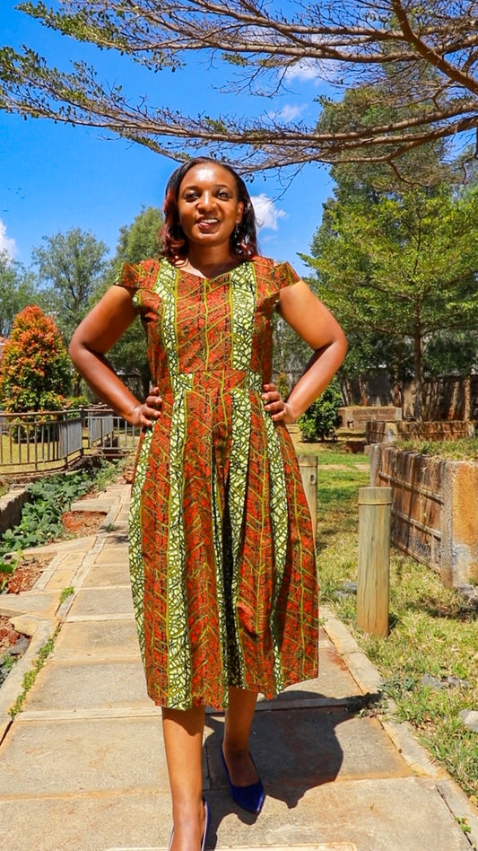 A-Line -Brown, jungle green, light green Line and stripes motif.