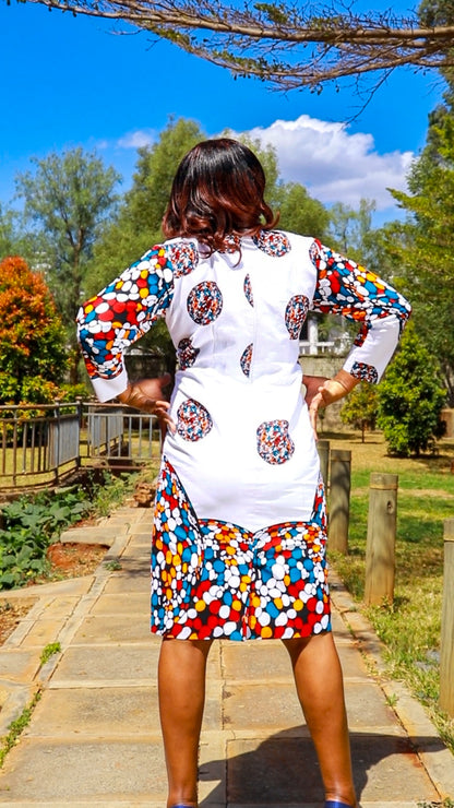Sheath - White, circles .dots of white ,orange maroon and blue motif.