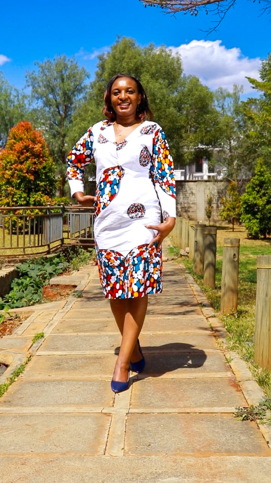 Sheath - White, circles .dots of white ,orange maroon and blue motif.