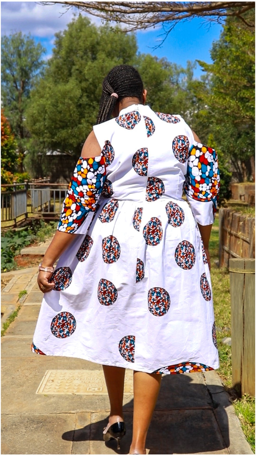 A-Line - White, circles and dots of white ,orange maroon and blue.