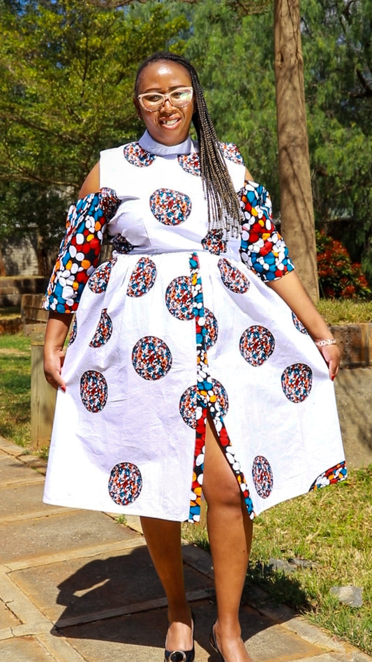 A-Line - White, circles and dots of white ,orange maroon and blue.
