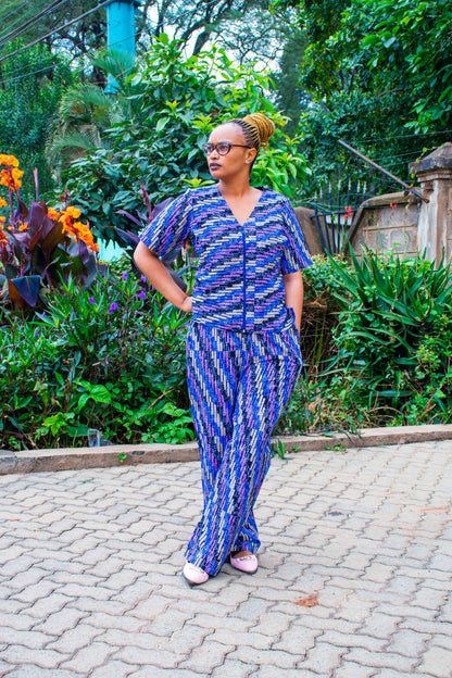 Two Piece Palazzo with  blue, black, lilac and cream with dots.
