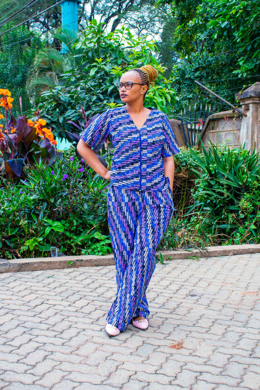 Two Piece Palazzo with  blue, black, lilac and cream with dots.