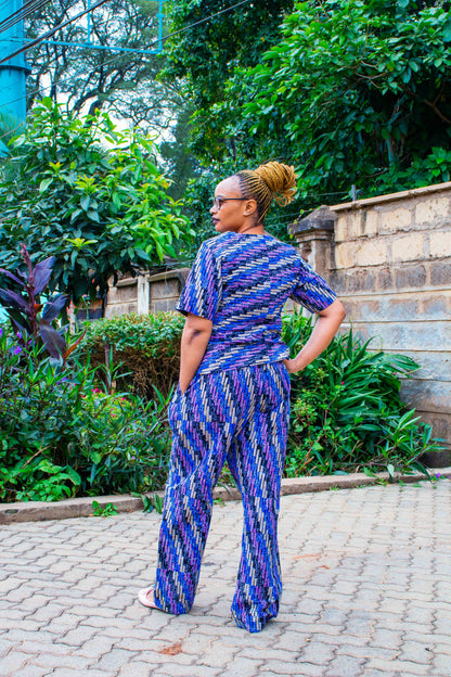 Two Piece Palazzo with  blue, black, lilac and cream with dots.