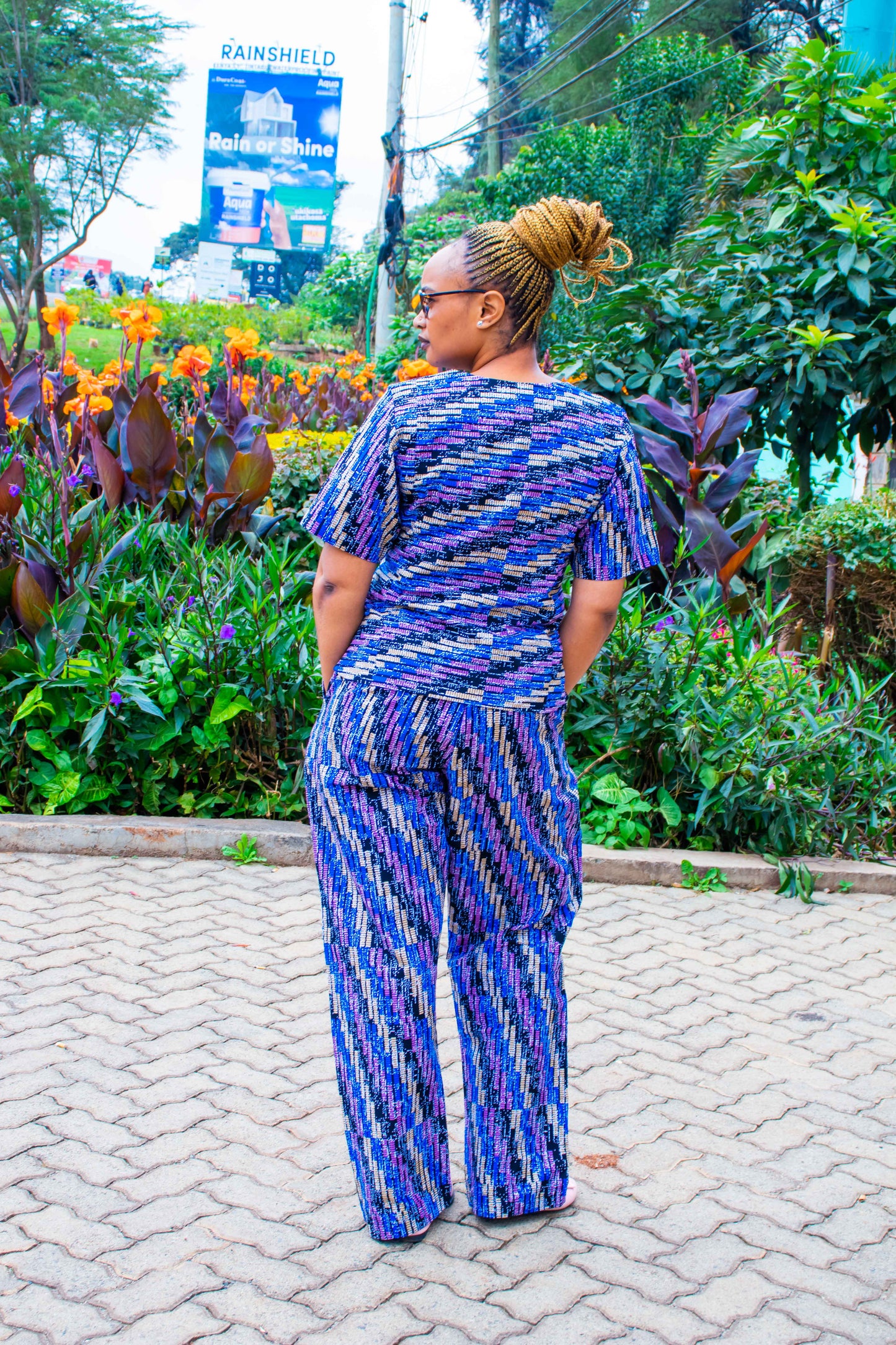 Two Piece Palazzo with  blue, black, lilac and cream with dots.