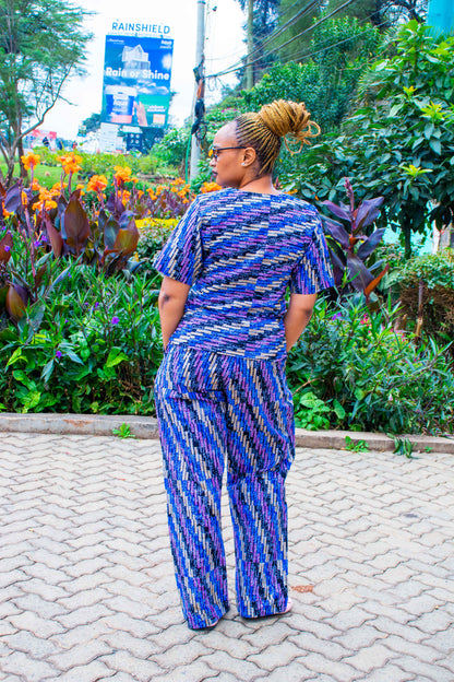 Two Piece Palazzo with  blue, black, lilac and cream with dots.