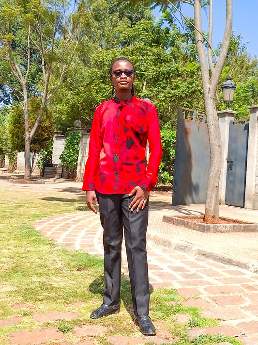 Casual Smart 2 Piece:  Plain red shirt. Constrast of African Print of red and black .