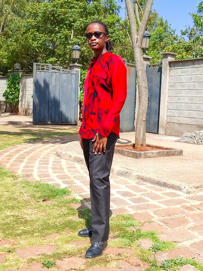 Casual Smart 2 Piece:  Plain red shirt. Constrast of African Print of red and black .