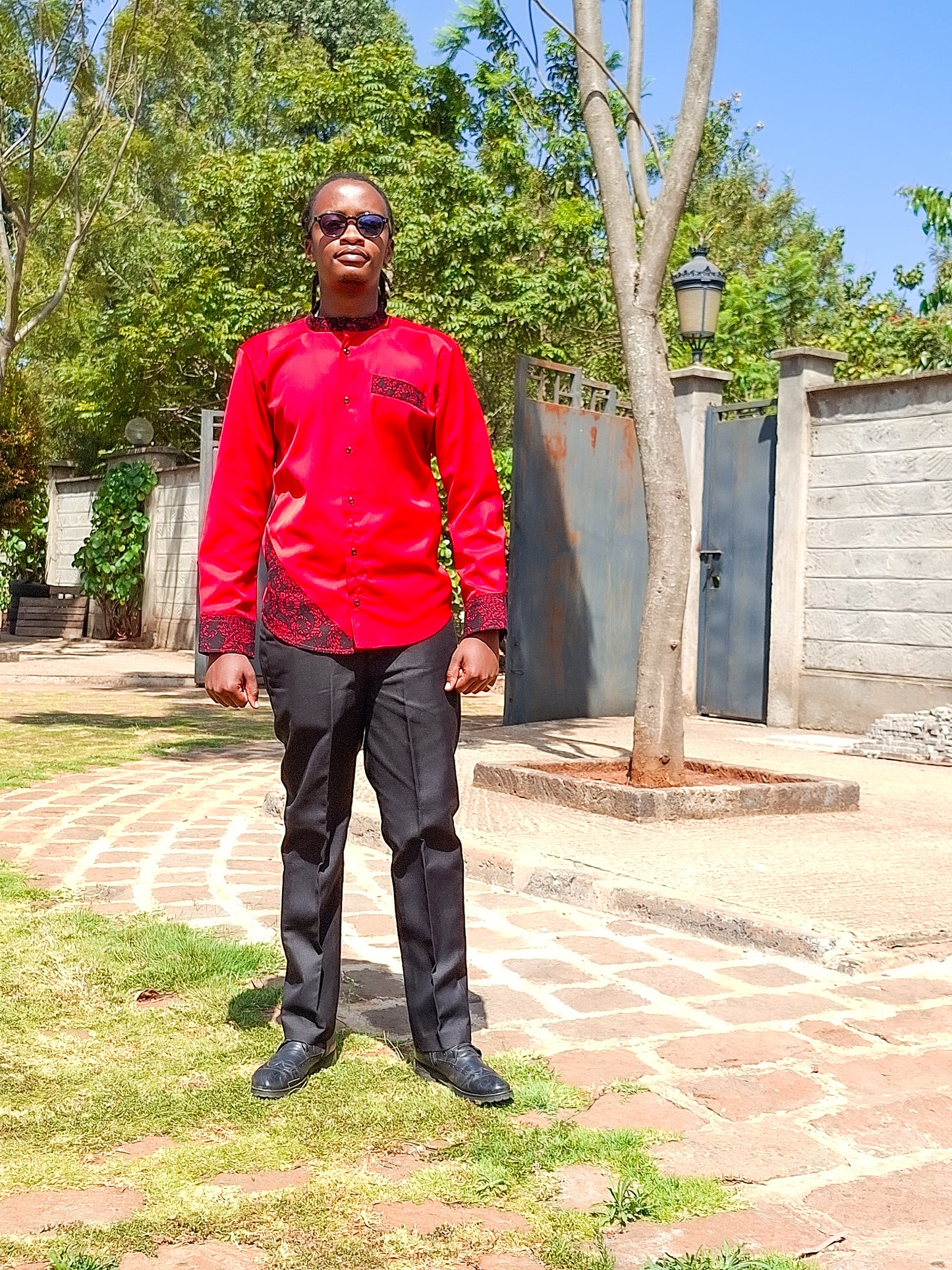 Casual Smart 2 Piece Plain red.  Constrast  African print of red and black motif