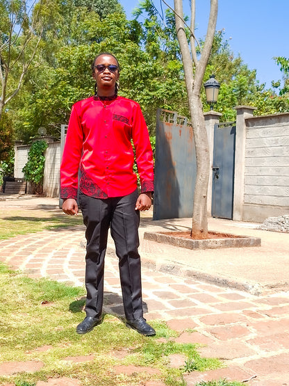 Casual Smart 2 Piece Plain red.  Constrast  African print of red and black motif
