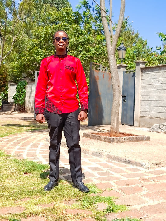 Casual Smart 2 Piece Plain red.  Constrast  African print of red and black motif