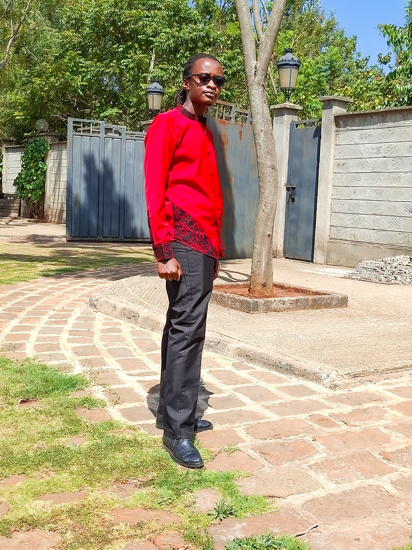 Casual Smart 2 Piece Plain red.  Constrast  African print of red and black motif