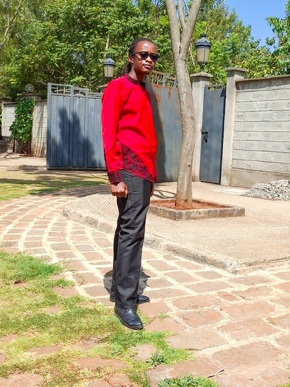 Casual Smart 2 Piece Plain red.  Constrast  African print of red and black motif