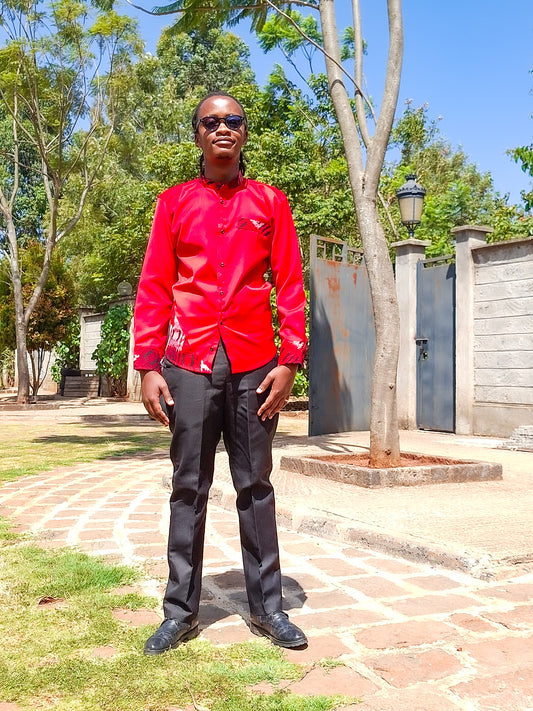 Casual Smart 2 Piece Plain red.  Constrast  African print of red and black  and white