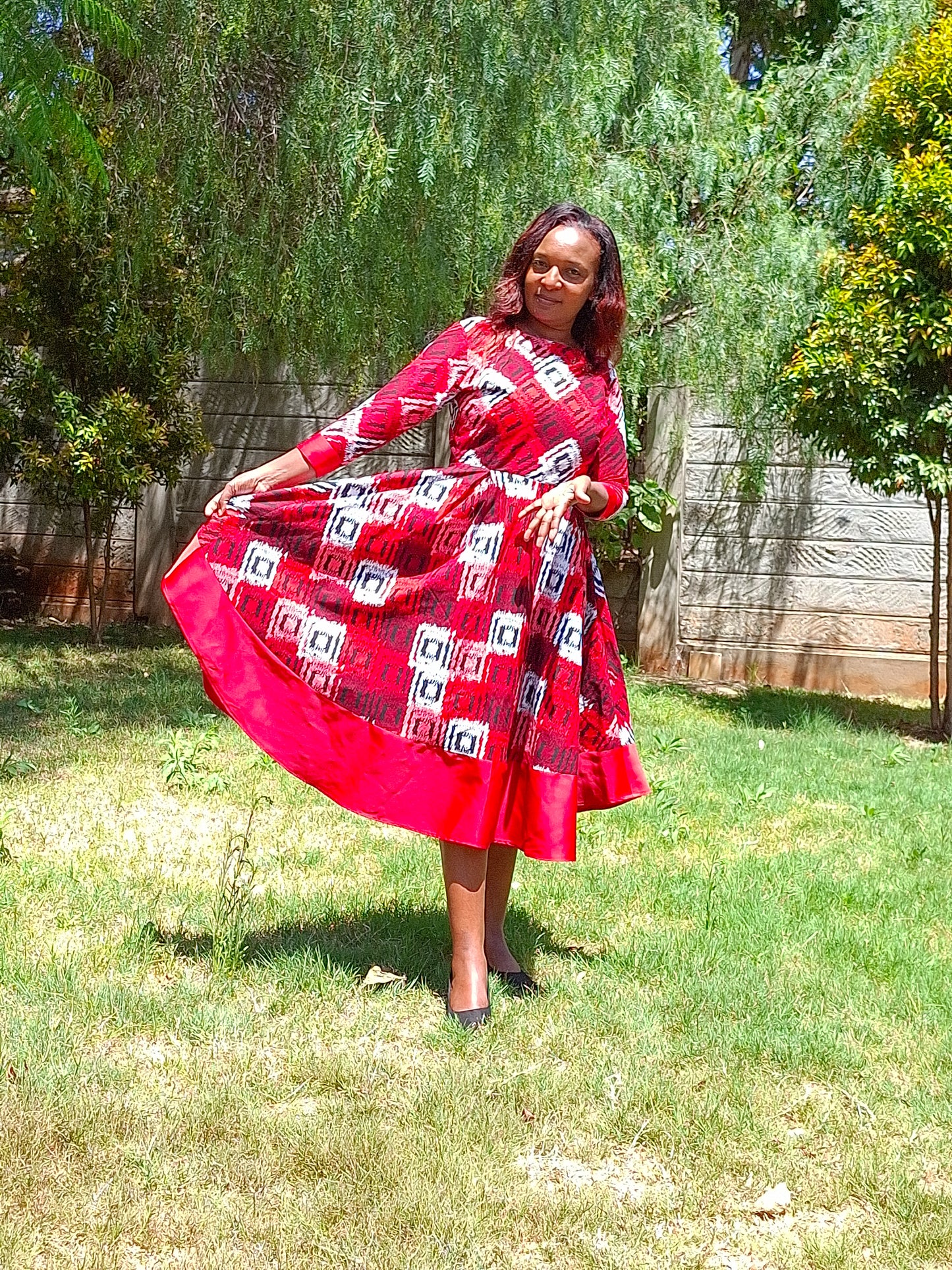 Rufflette dress-red, black and white motif with red contrast