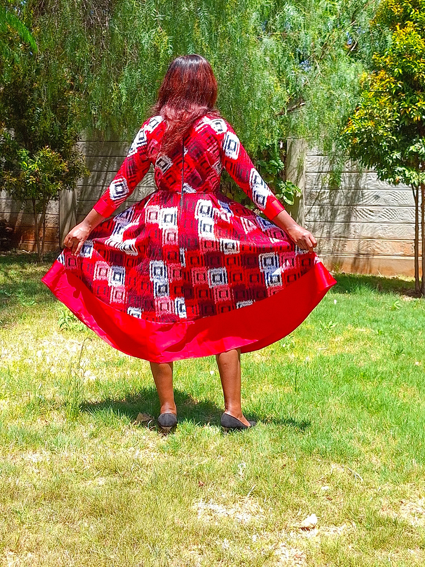 Rufflette dress-red, black and white motif with red contrast