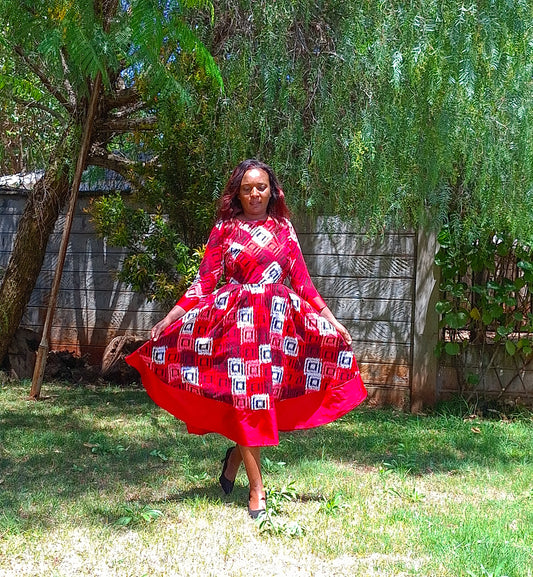 Rufflette dress-red, black and white motif with red contrast