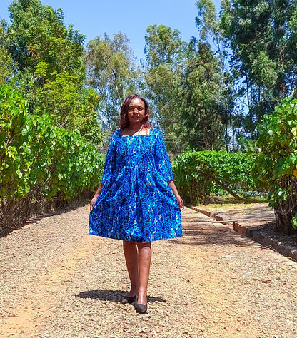 A-Line dress of black, navy blue, White  and turqouise floral  Motif