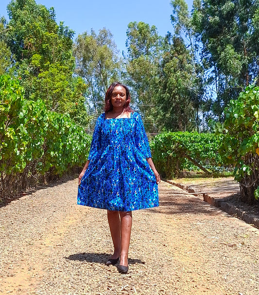 A-Line dress of black, navy blue, White  and turqouise floral  Motif