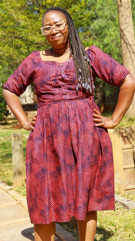 A-Line  with navy blue and red dots motif
