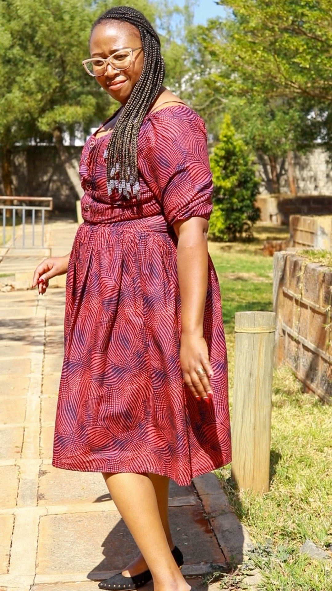 A-Line  with navy blue and red dots motif