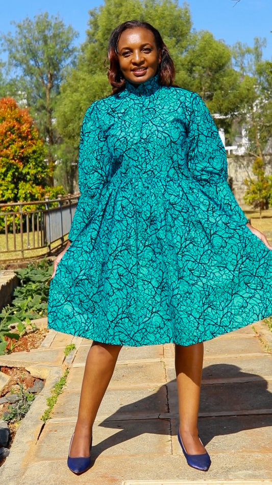 A-Line  - black and torqouise  Floral motif